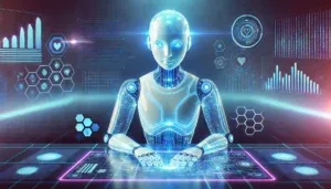 Dall·e 2025 01 16 16.55.16 A Digital Illustration Of A Futuristic Chatbot, Designed As A Glowing Humanoid Figure Made Of Translucent Blue Circuits, Sitting At A Virtual Desk. Th