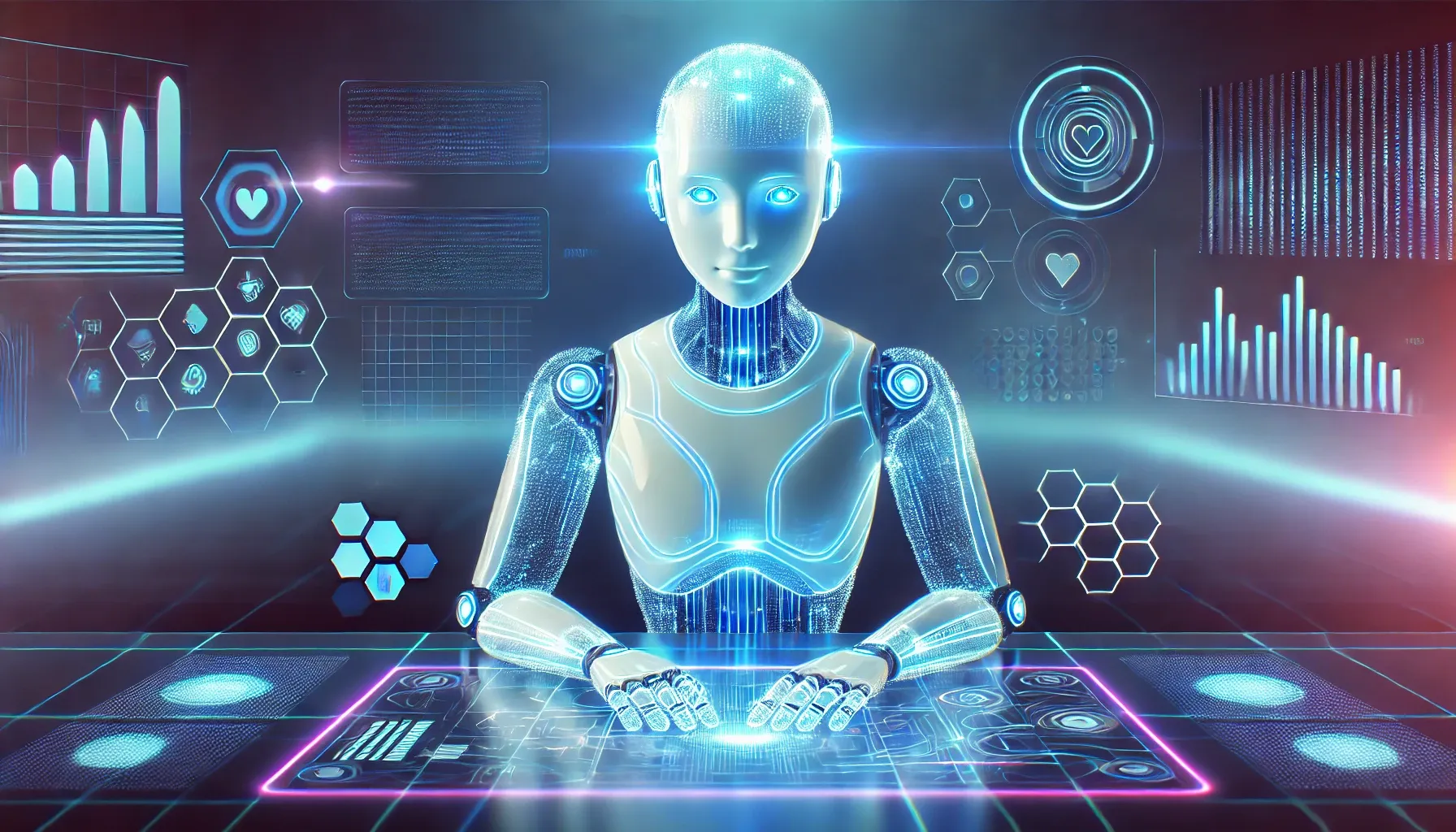 Dall·e 2025 01 16 16.55.16 A Digital Illustration Of A Futuristic Chatbot, Designed As A Glowing Humanoid Figure Made Of Translucent Blue Circuits, Sitting At A Virtual Desk. Th